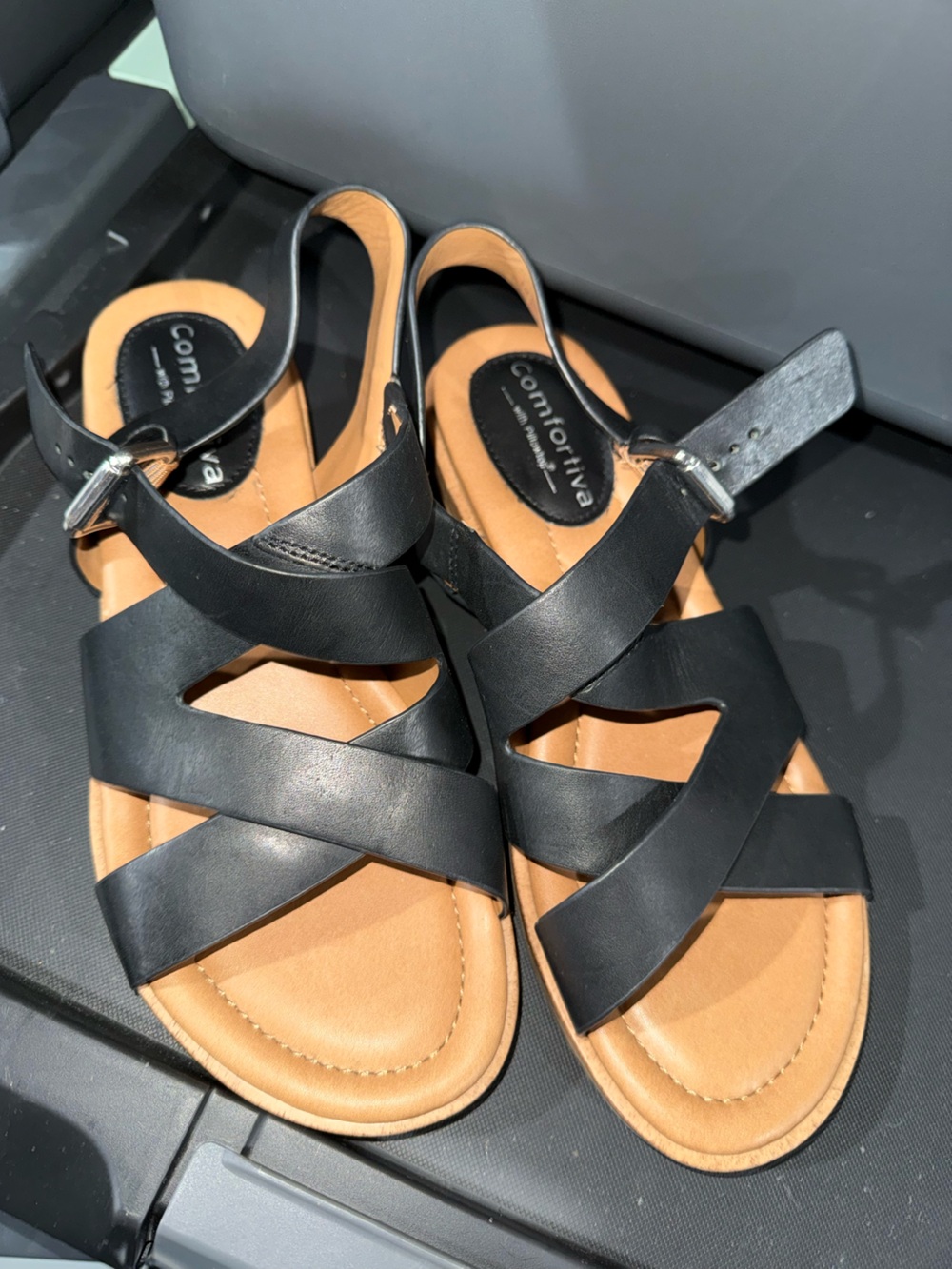 Comfortiva Black Leather Cross-Strap Ankle Sandals